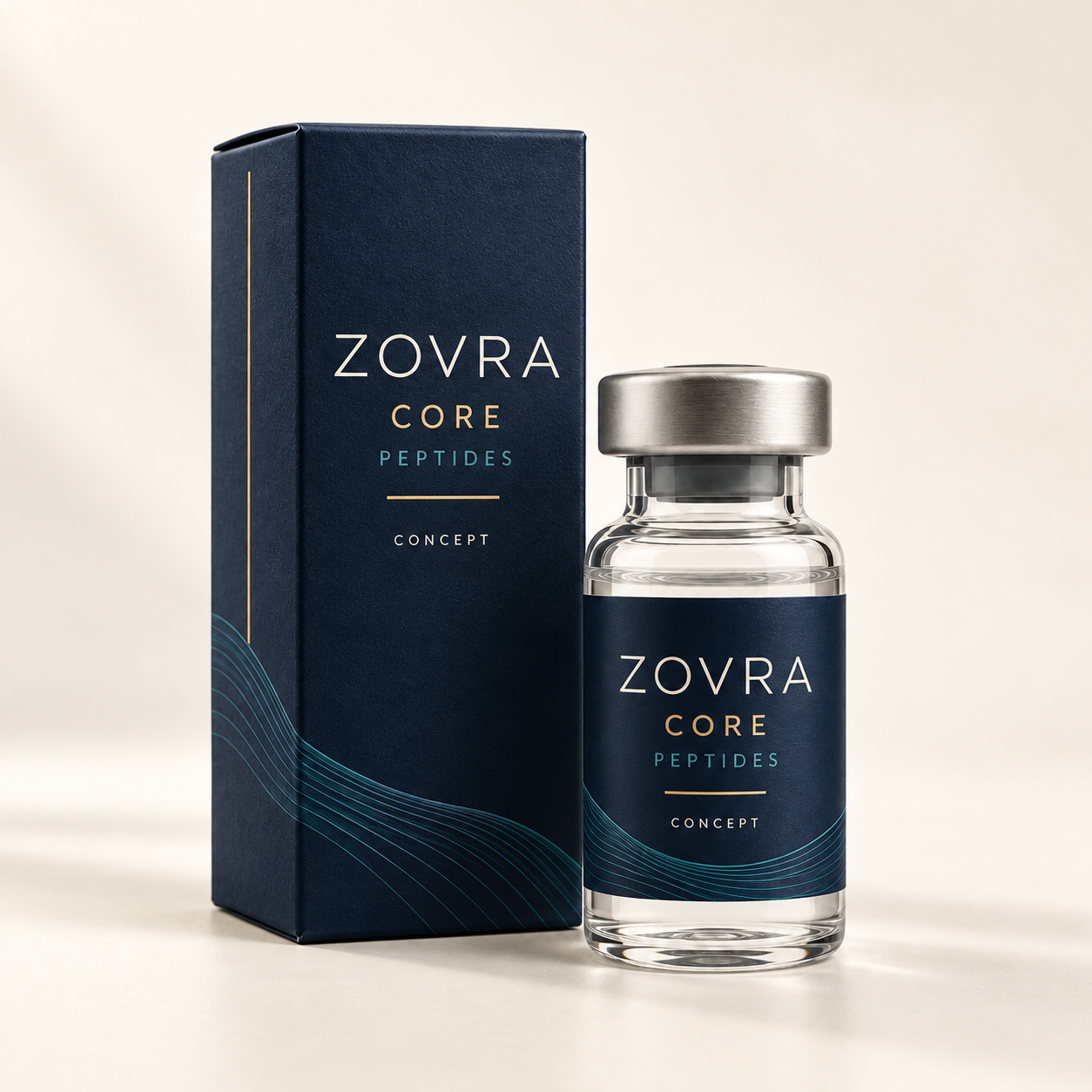 A closer look at the navy Zovra Core concept carton and vial