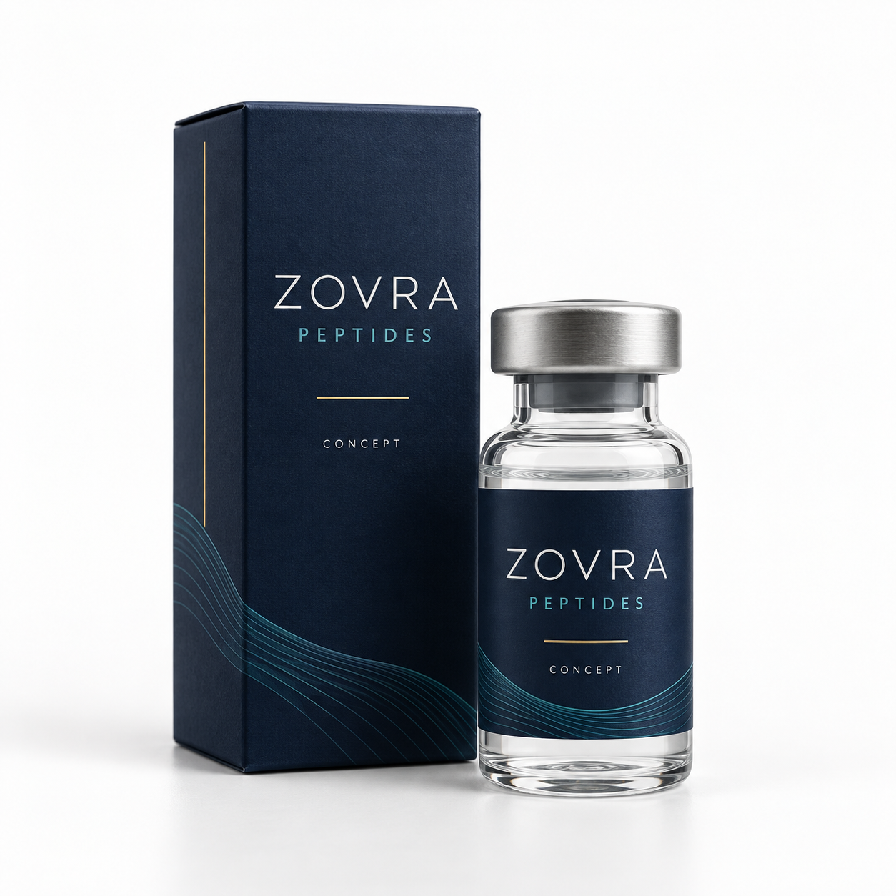 Mock Zovra peptide carton and vial, marked concept